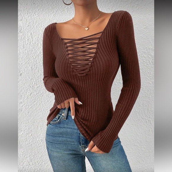 Sweaters - Cozy crisscross front ribbed knit sweater top
